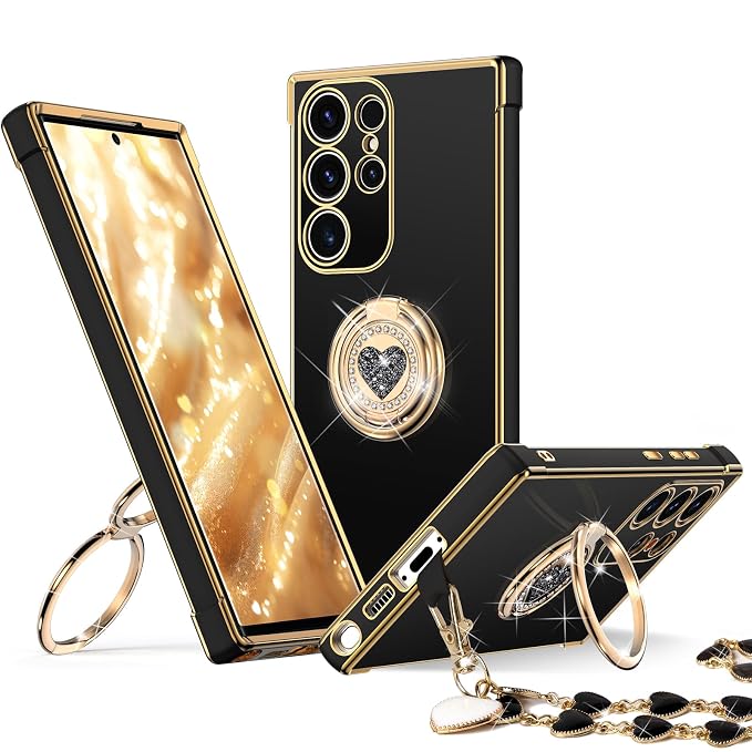 XYZ for Galaxy S26 Ultra Back Cover Case with Stand, for Samsung S26 Ultra Cover with Double Ring Kickstand, Women Girls Cute Love-Heart Bling Luxury Protective Phone Case for Samsung S26 Ultra, Black