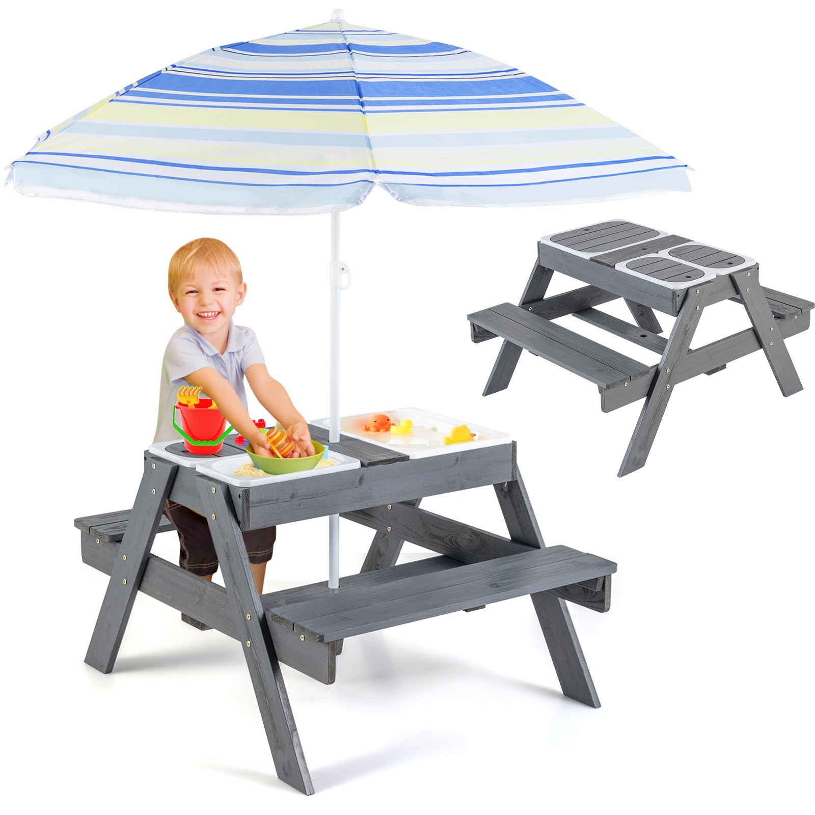 COSTWAY Table de Pique-Nique Enfants avec Parasol Réglable & 3 Bacs Amovible, Table de Jardin Extérieur en Sapin pour Sable et Eau, Charge 100kg pour Enfants de 3 Ans+ pour Jardin Terrasse