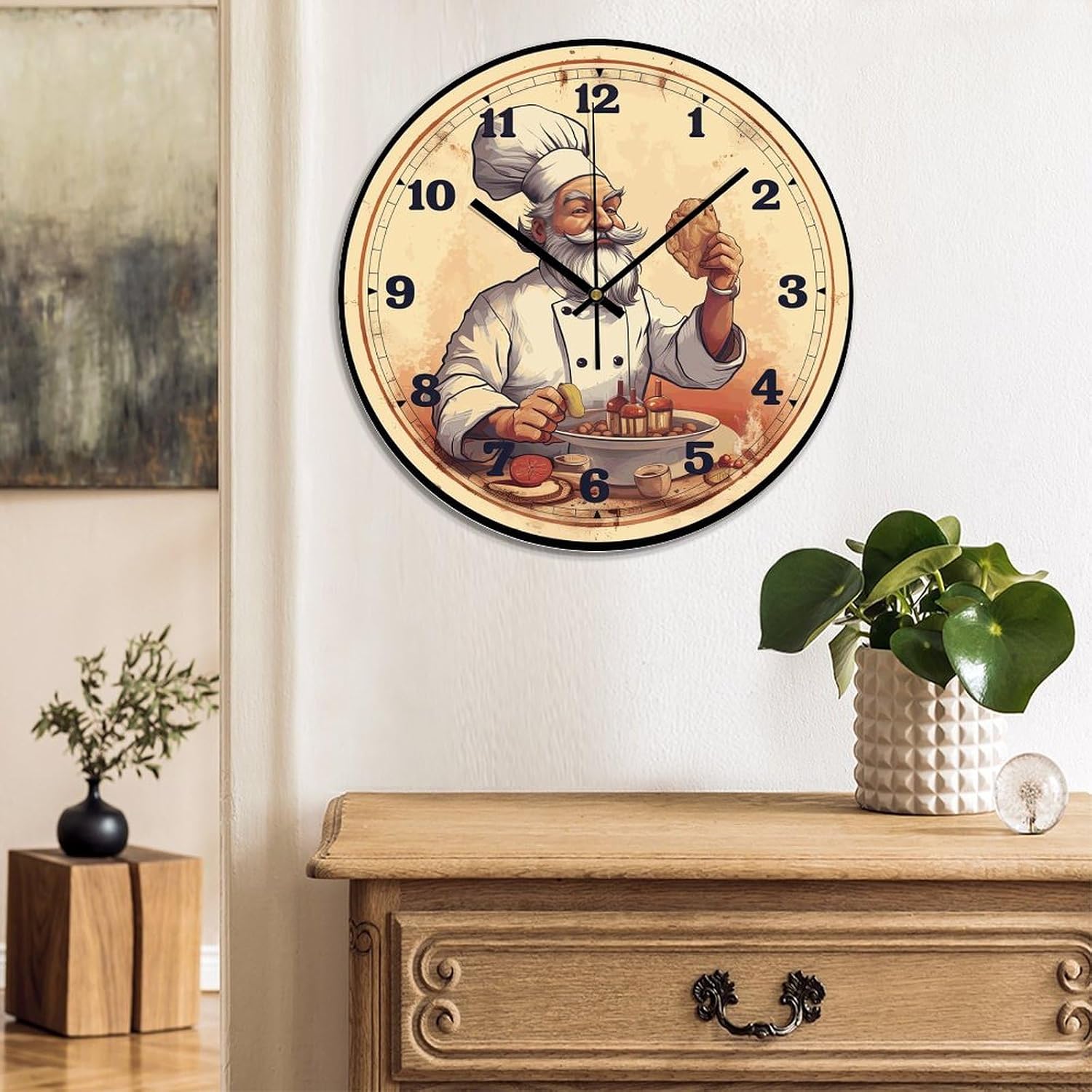 Itanlian Chef Clock Round Wall Clock Non-Ticking Quartz Battery Operated 12 Inch Vintage Farmhouse Wood Wall Clocks Decor for Living Room Bathroom Bedroom Office Home