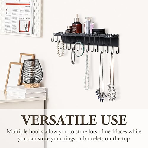 Miniatura 3 de MyGift Organizador de joyas colgante de metal negro de 4 niveles con 18 ganchos, soporte para aretes y collar, estante de exhibición de pulseras,
