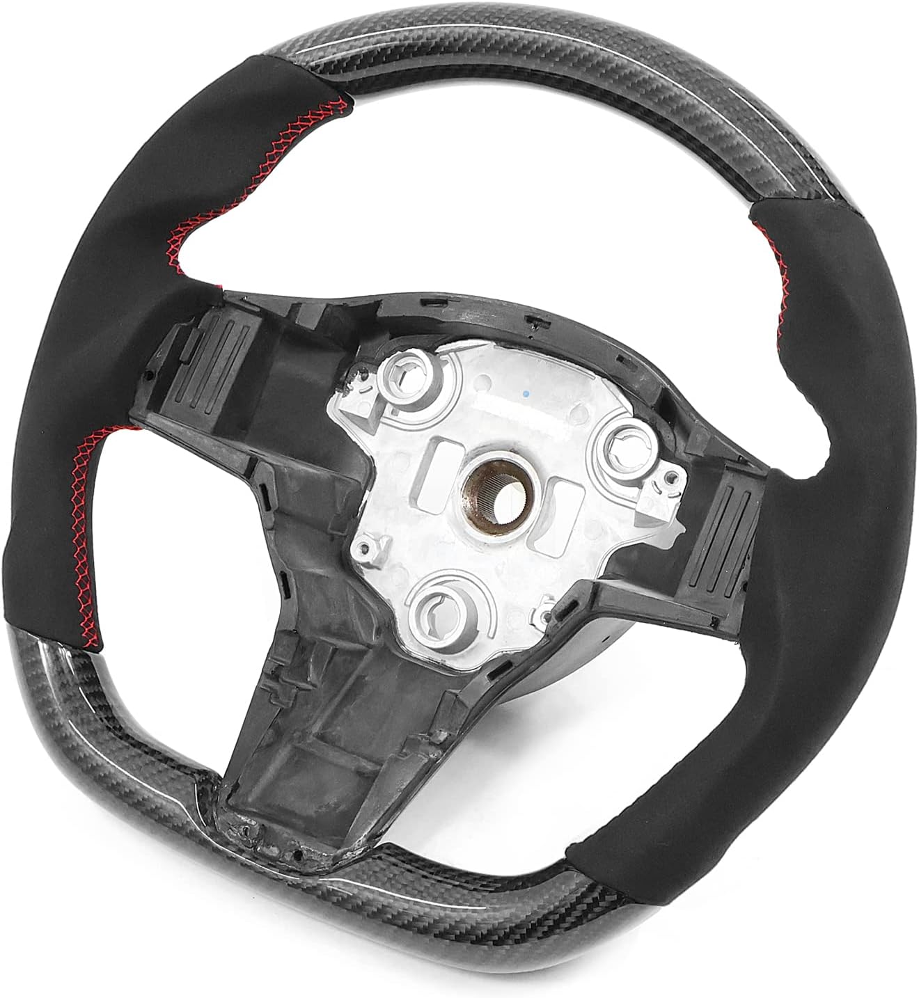 IKON MOTORSPORTS, Steering Wheel Compatible with 2017-2023 Tesla Model 3, 2020-2023 Tesla Model Y, Carbon Fiber & Perforated Leather With Red Stitching & Indicator Steering Wheel Brushed Kit