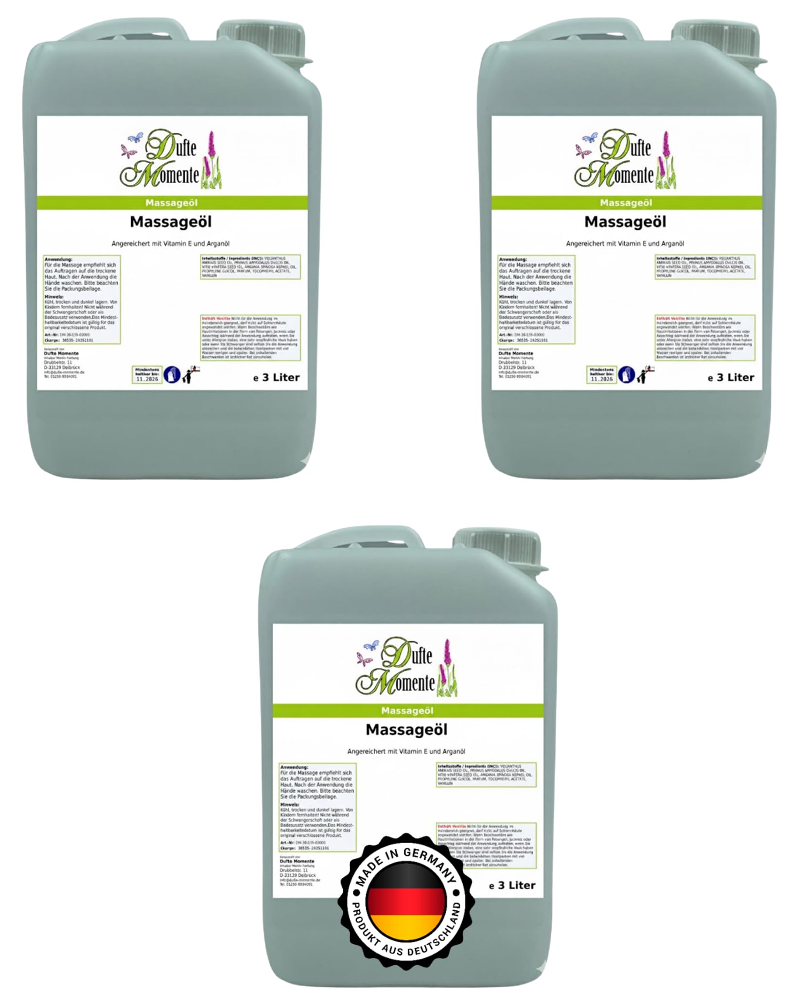 Dufte Momente Massageöl Set – 3 × 3 Liter – freie Duftwahl – Paraffinölbasis – professionelle Gleitfähigkeit – Wellness & Massage – Made in Germany