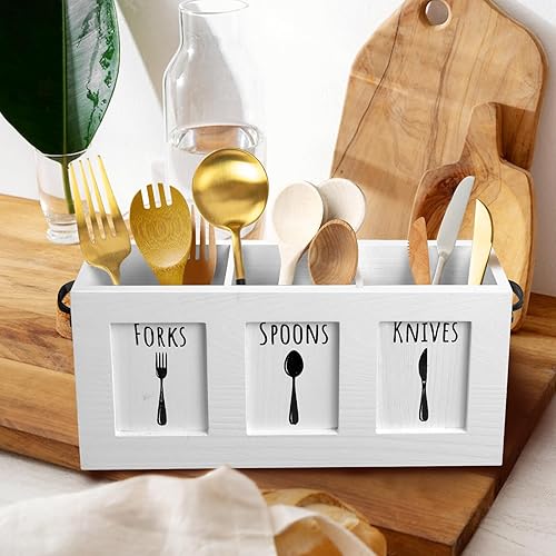 Miniatura 6 de Organizador de cubiertos de madera, soporte rústico para utensilios y cubiertos para tenedores, cucharas, cuchillos, cocina, granja, cubiertos,