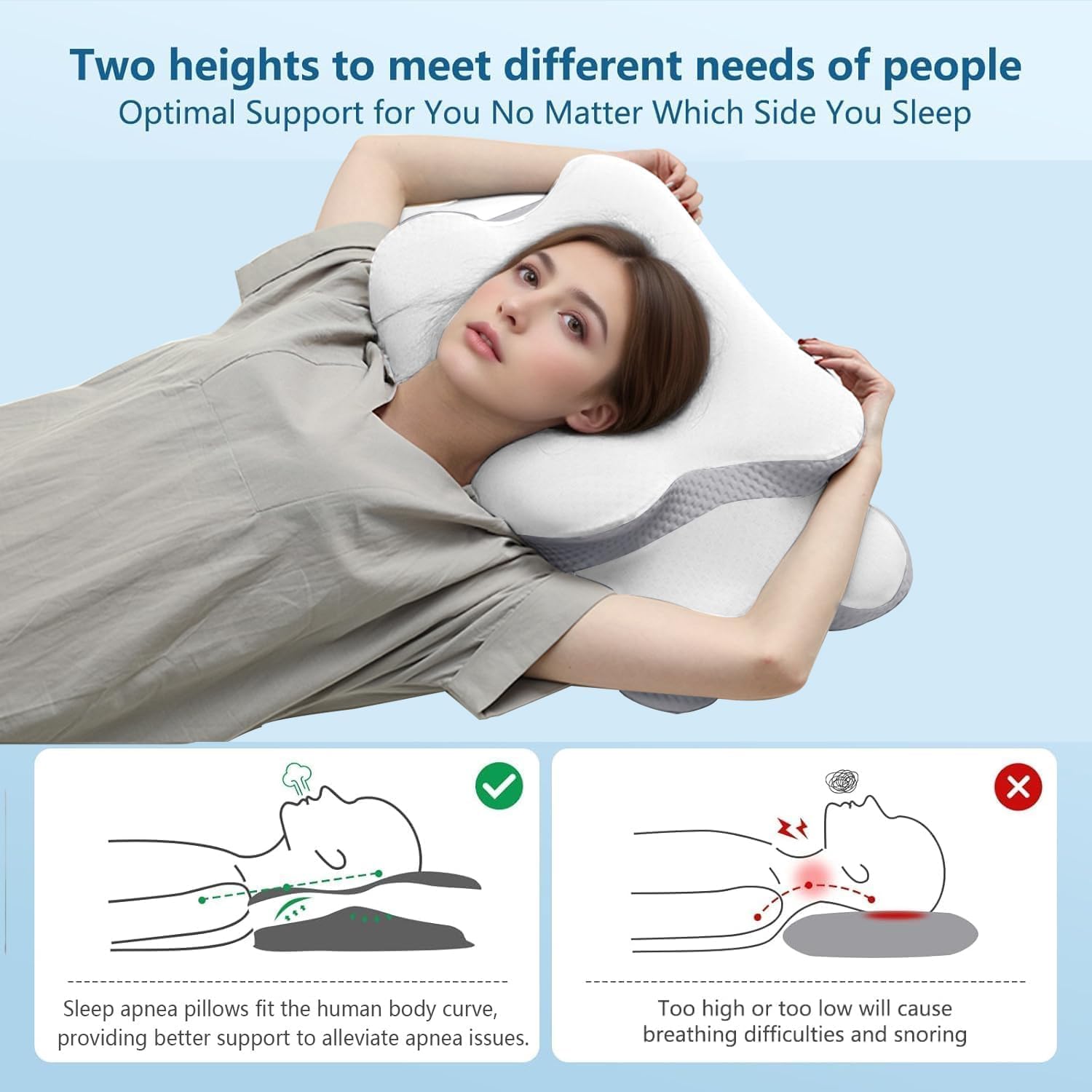 Pillow for Sleep Apnea, Neck Pain, and Snoring Relief | Cervical Neck Pillow for Side Sleepers | Orthopedic Memory Foam with Ergonomic Support (White)