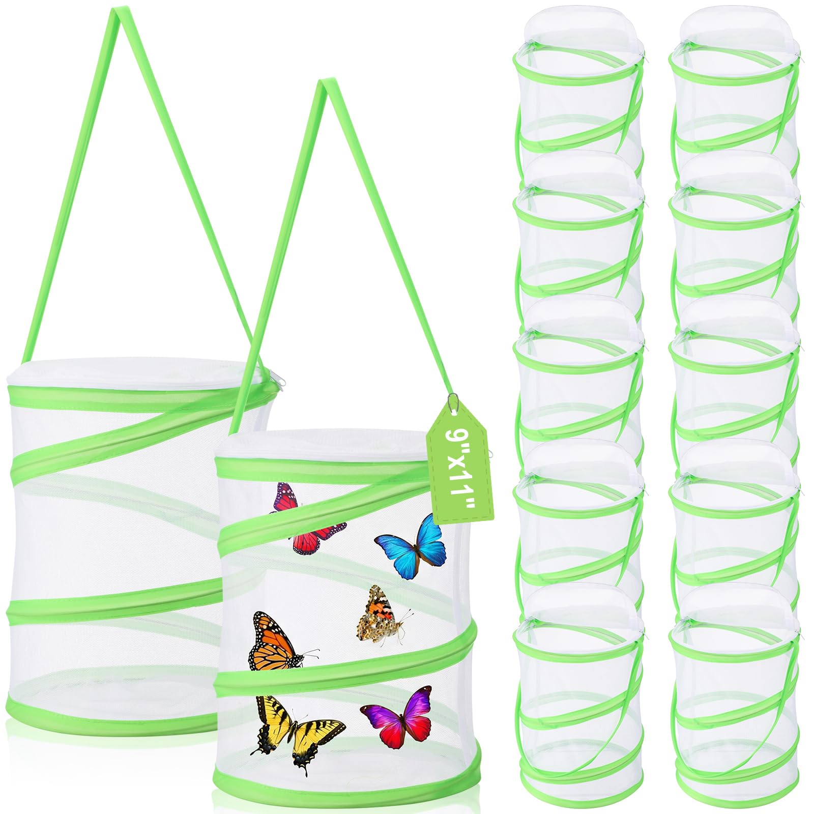 Sherr 12 Pack Butterfly Habitat Cage, 9"x11" Pop-up Mesh Butterfly Net Terrarium, Reusable Caterpillar Raising Kit, Portable Bug Catcher Enclosure for Transporting and Raising Critter (Green)