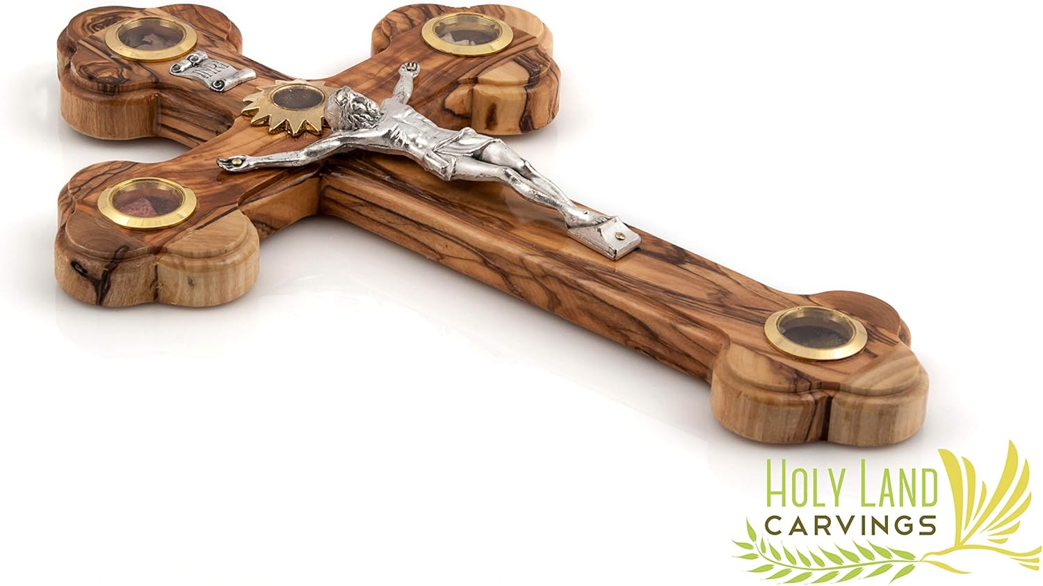 11 Inch Olive Wood Wall Cross Crucifix - Holy Land Cross 5 Glasses Adorned with flowers, stones,olive leaves and frankincense from the Holy Land