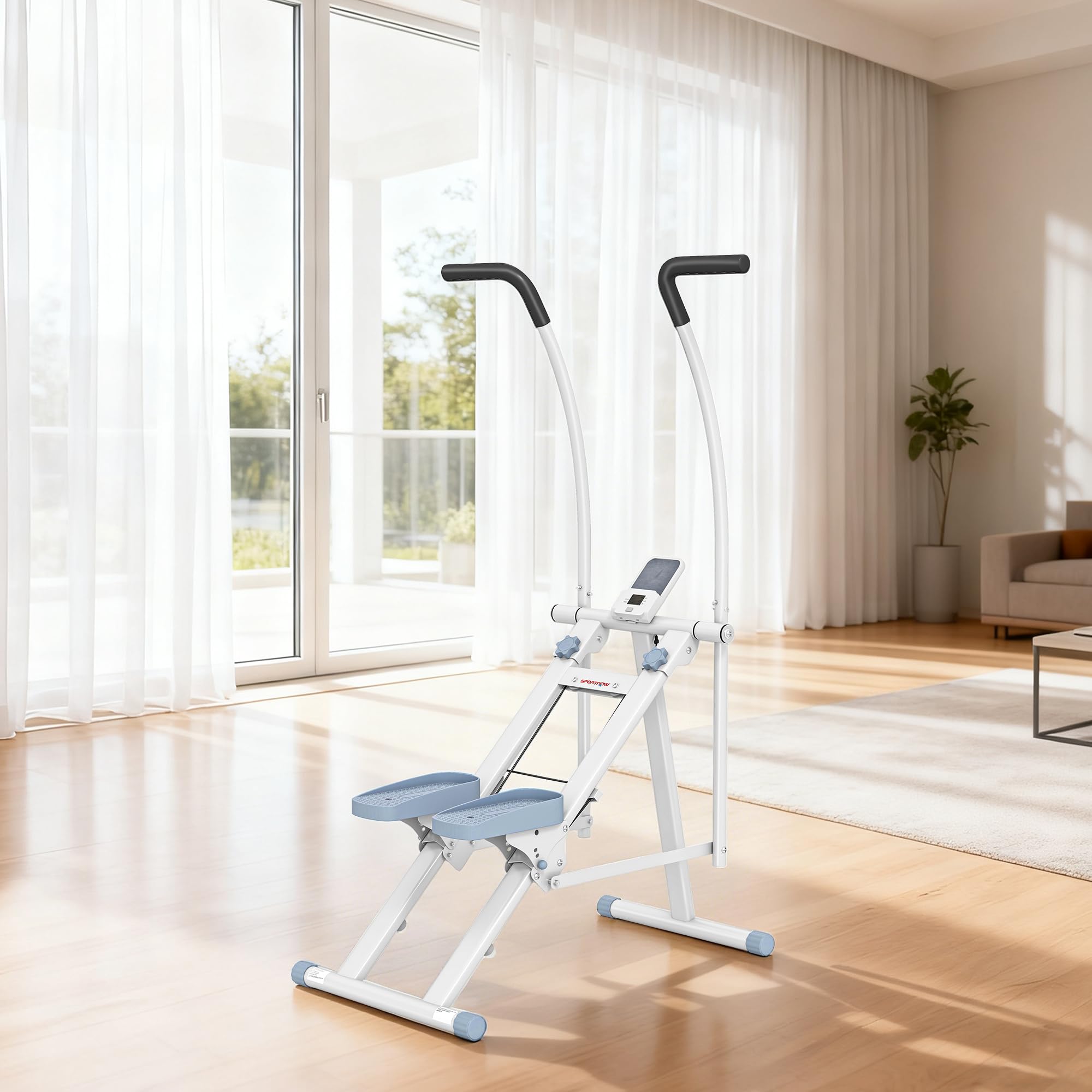 SPORTNOW Stepper escalier Pliable Climber stairmaster pour Exercice de Gym à Domicile, Machine Verticale pour entraînement du Corps avec pédales réglables et écran LCD, Machine à Pas compacte, Blanc