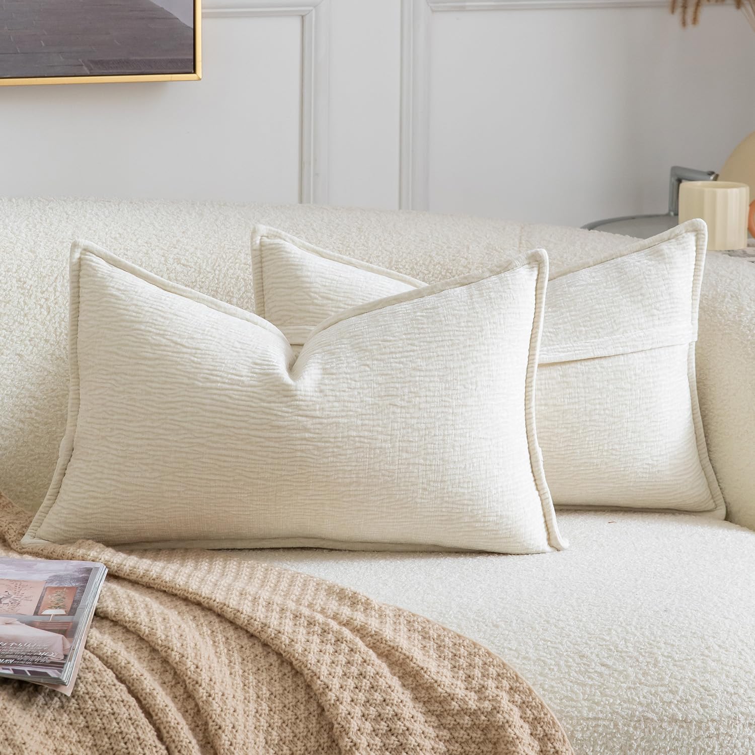 Madizz Pack of 2 Decorative Cushion Covers Soft Chenille Throw Pillows Solid Textured Throw Pillow Covers for Couch Sofa Bedroom Living Room 30x50 CM, Cream White
