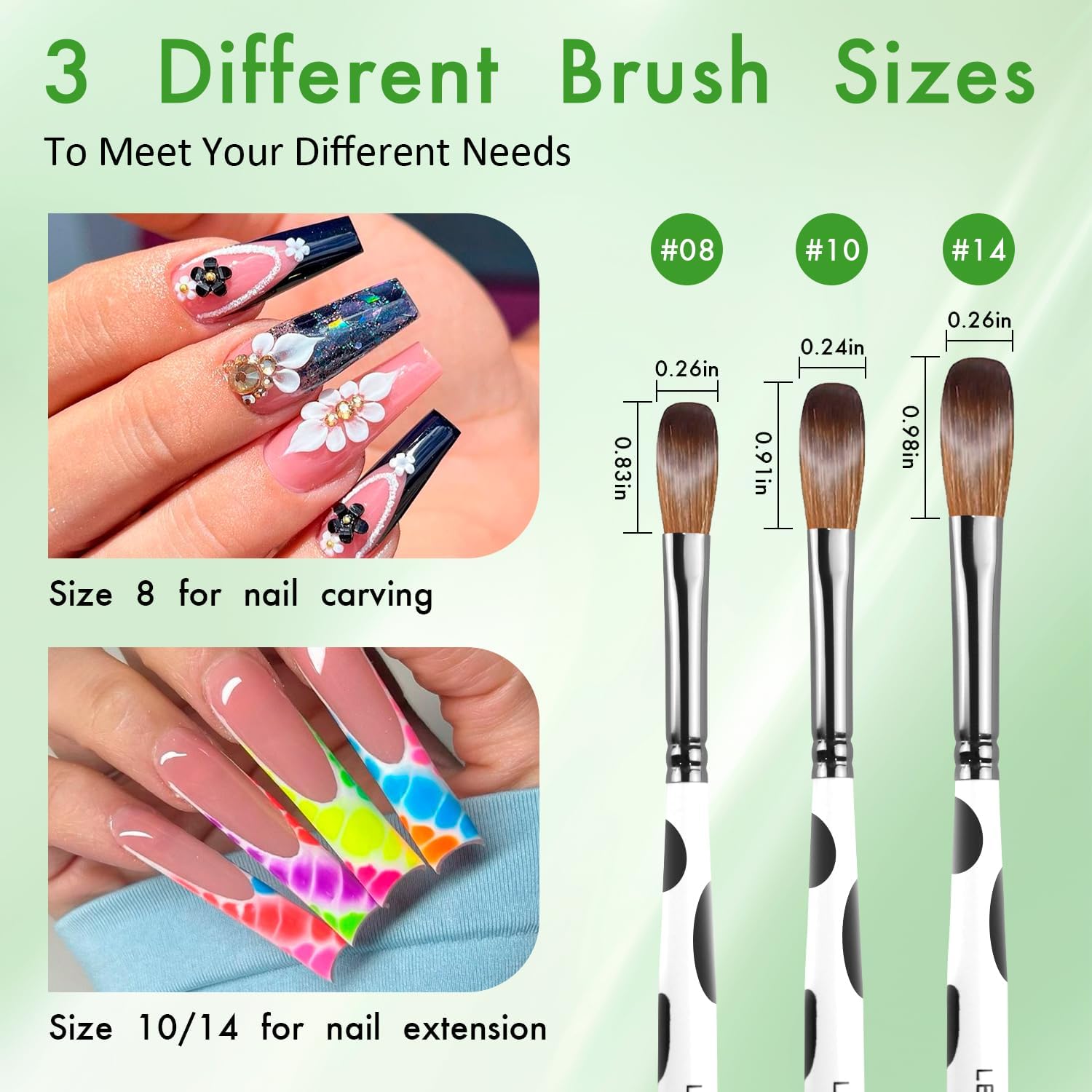 3 Pezzi Set di Pennelli per Unghie in Acrilico, Taglie 8/10/14 Kolinsky Pennello Acrygel Unghie, Professionali Pennelli Nail Art Unghie per Estensione delle Unghie e Intaglio delle Unghie 3D