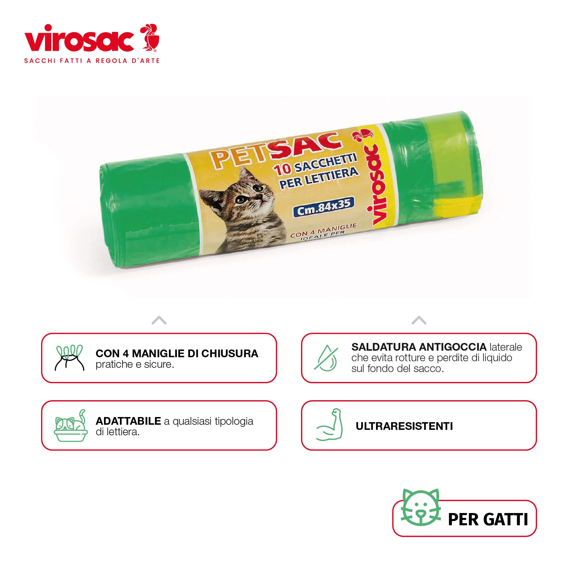 Virosac - Petsac - Sacchi 84x35 resistenti e antigoccia, ideali per lettiere dei gatti, dotati di 4 Pratiche Maniglie Estraibili, 10 sacchetti per rotolo, verde