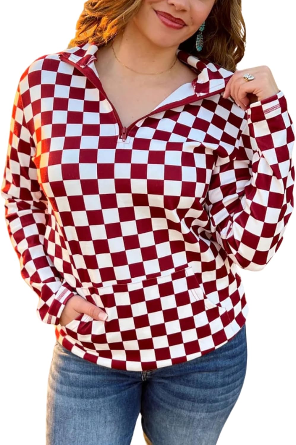 Womens Pep Rally Checkered Sweatshirts Game Day Spirit Shirt Quarter Zip Long Sleeves Pullover Tops with Pocket