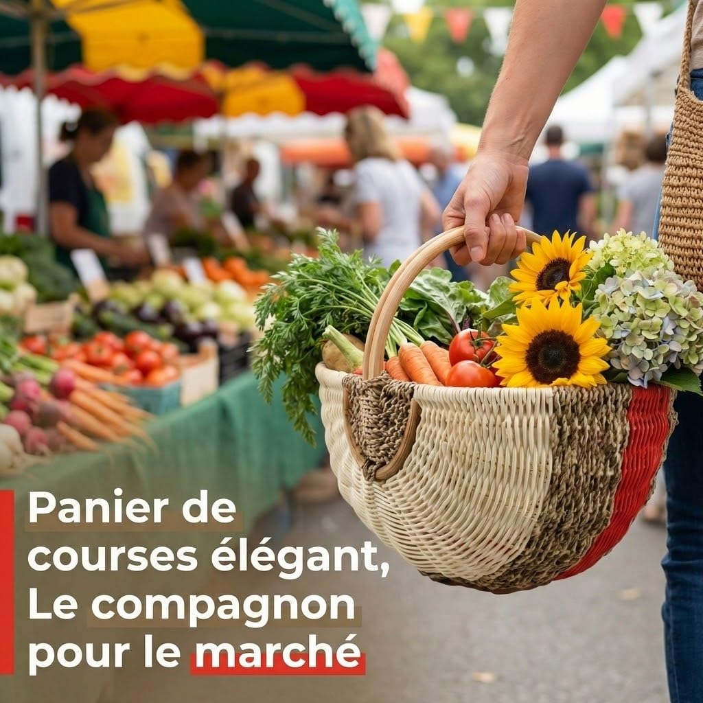 Grand Panier de Courses en Rotin et Jonc de Mer – Panier de Pique-Nique Tressé à la Main avec Anse – 48x33x24 cm – Panier de Marché Robuste et Stable – Design Vintage – Vert