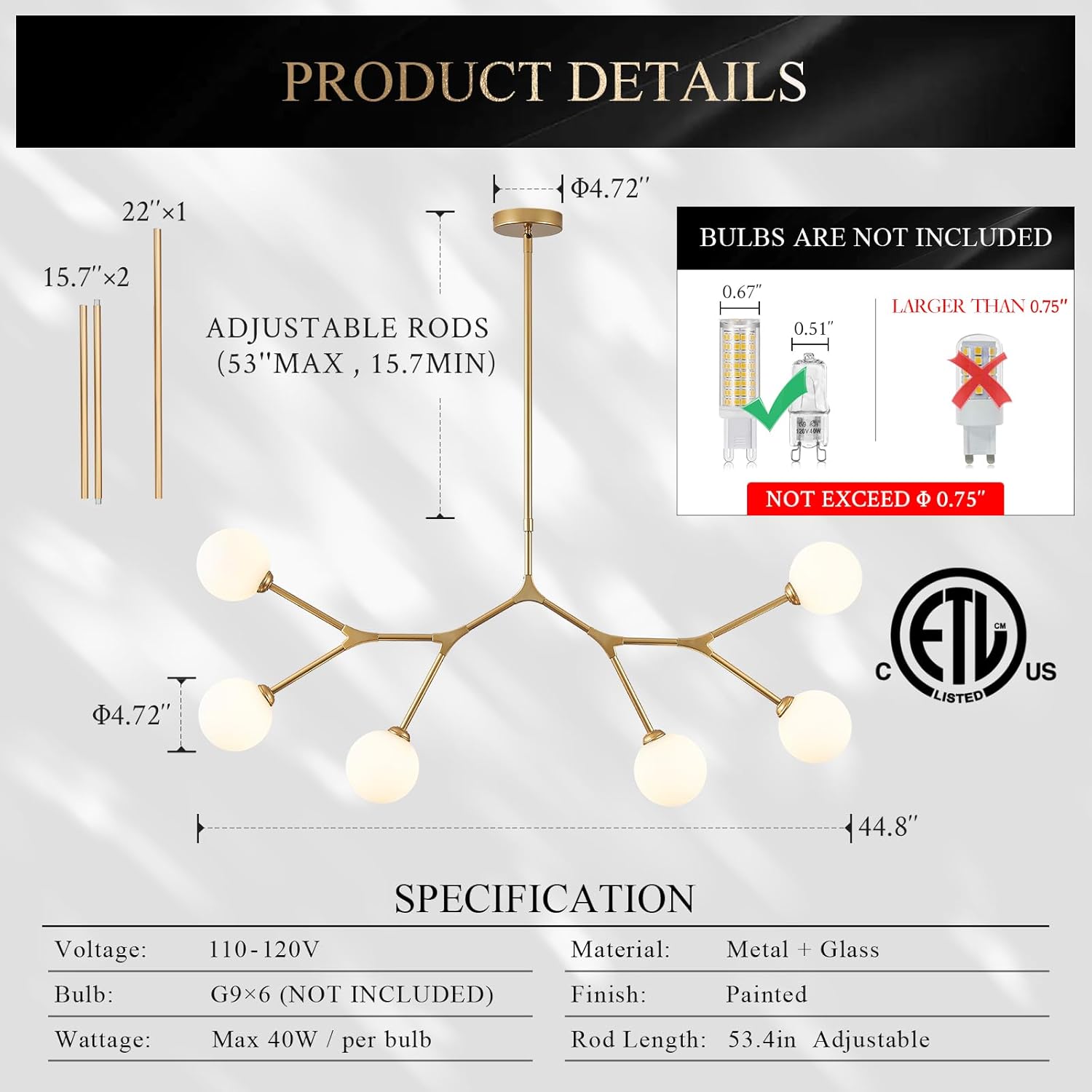 Modern 6 Lights Sputnik Chandelier for Dining Room L45’’ Gold Pendant Light Fixture with Milk Glass Shade Large Mid Century Chandelier for Kitchen Island Bedroom Living Room