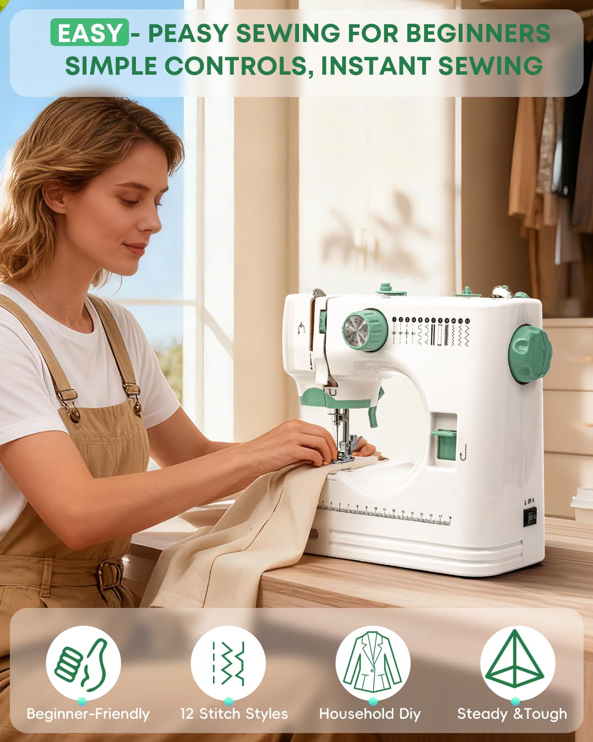 Sewing Machine for Beginners -12 Built-in Stitches|42 PCS Accessory Kit,Foot pedal, Low/High-Speed,Portable Mini Sewing Machine for Home DIY,Quick Fix