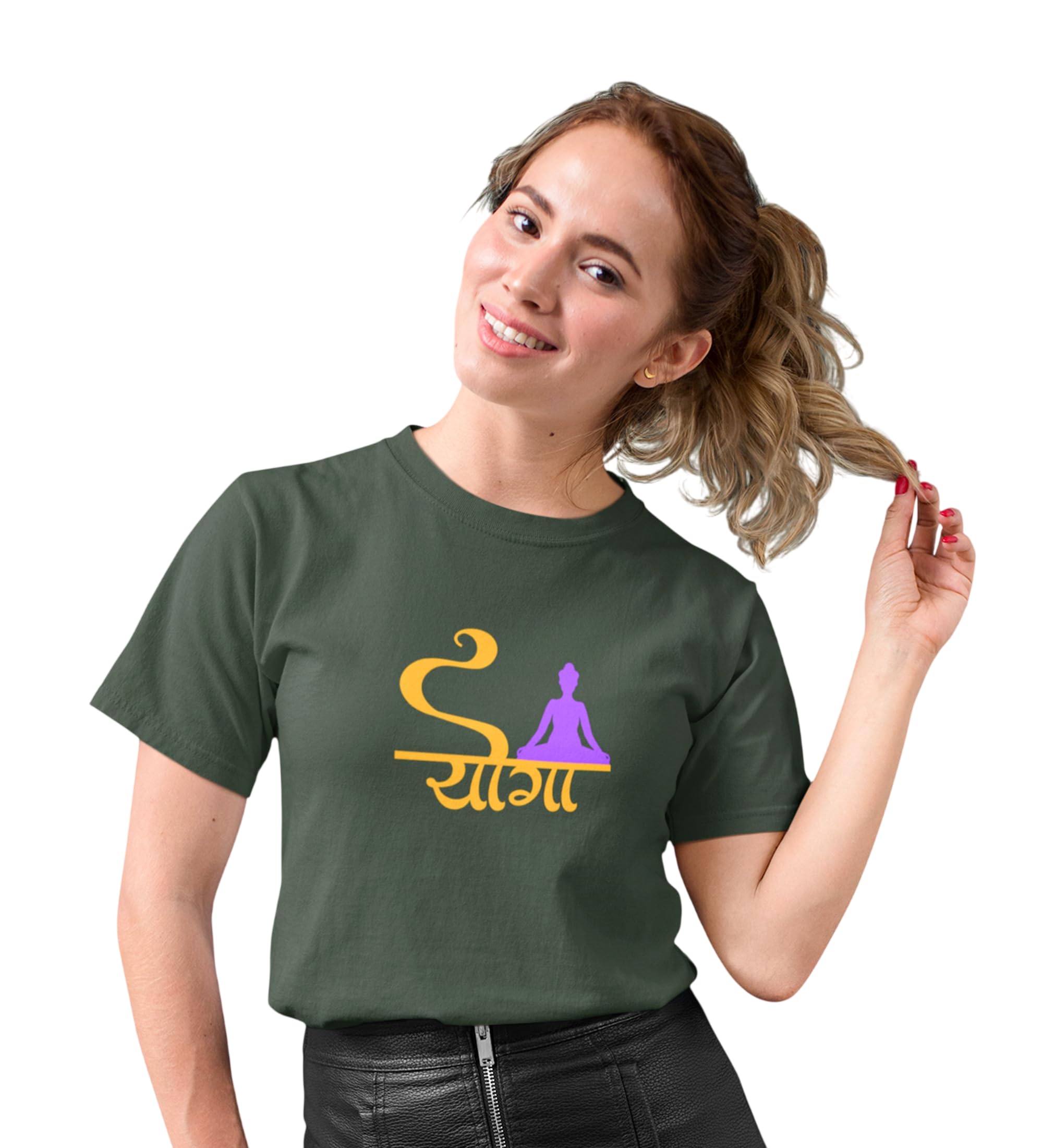 Yoga is Enough : Printed Round Neck Cotton Green T-Shirt for Womens-image-0