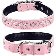 Rhinestones Dog Collar, Adjustable Sparkly Crystal Studded Genuine Leather Pet Dog Collar for Small and Medium Breeds S fit Neck 11-13", Pink