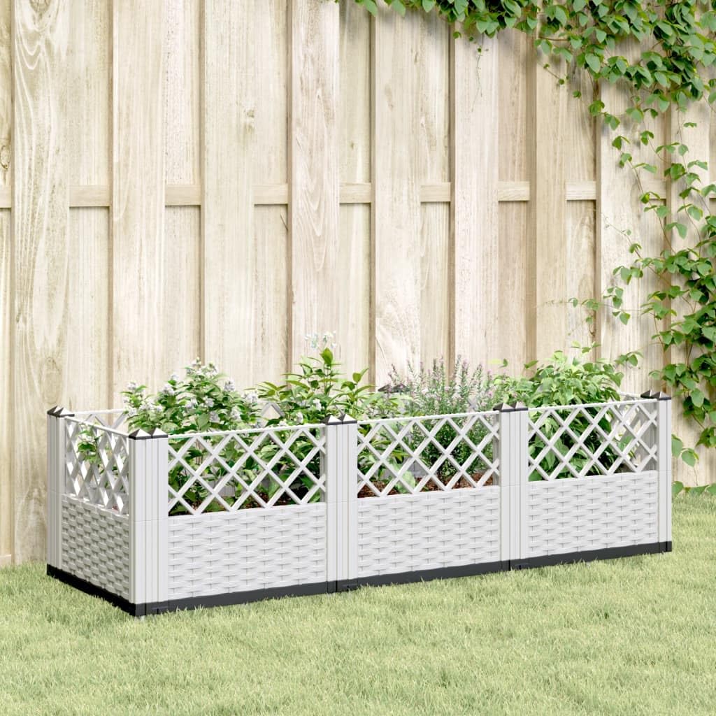 Jardinera con estacas, color blanco, 123,5 x 43,5 x 43,5 cm, bancal modular en aspecto de ratán, de plástico resistente, para jardín, terraza y balcón, 8 elementos