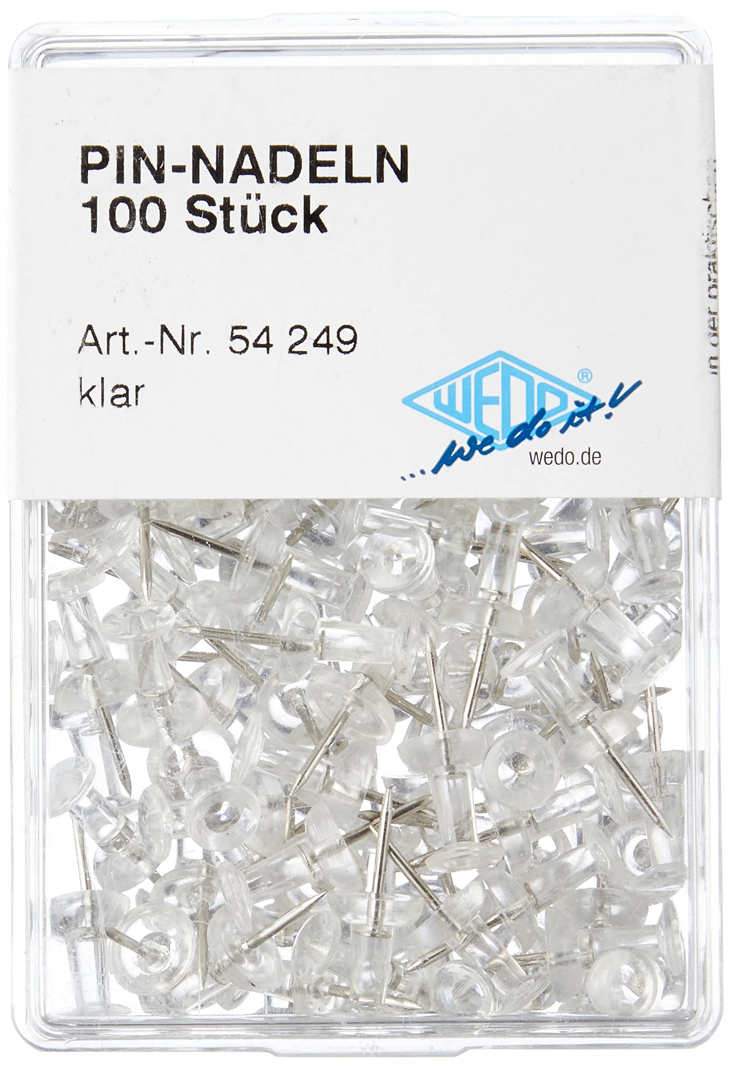 Wedo 54249 pinezki przezroczyste w kształcie diabolo w przezroczystym pudełku, zestaw 100 sztuk