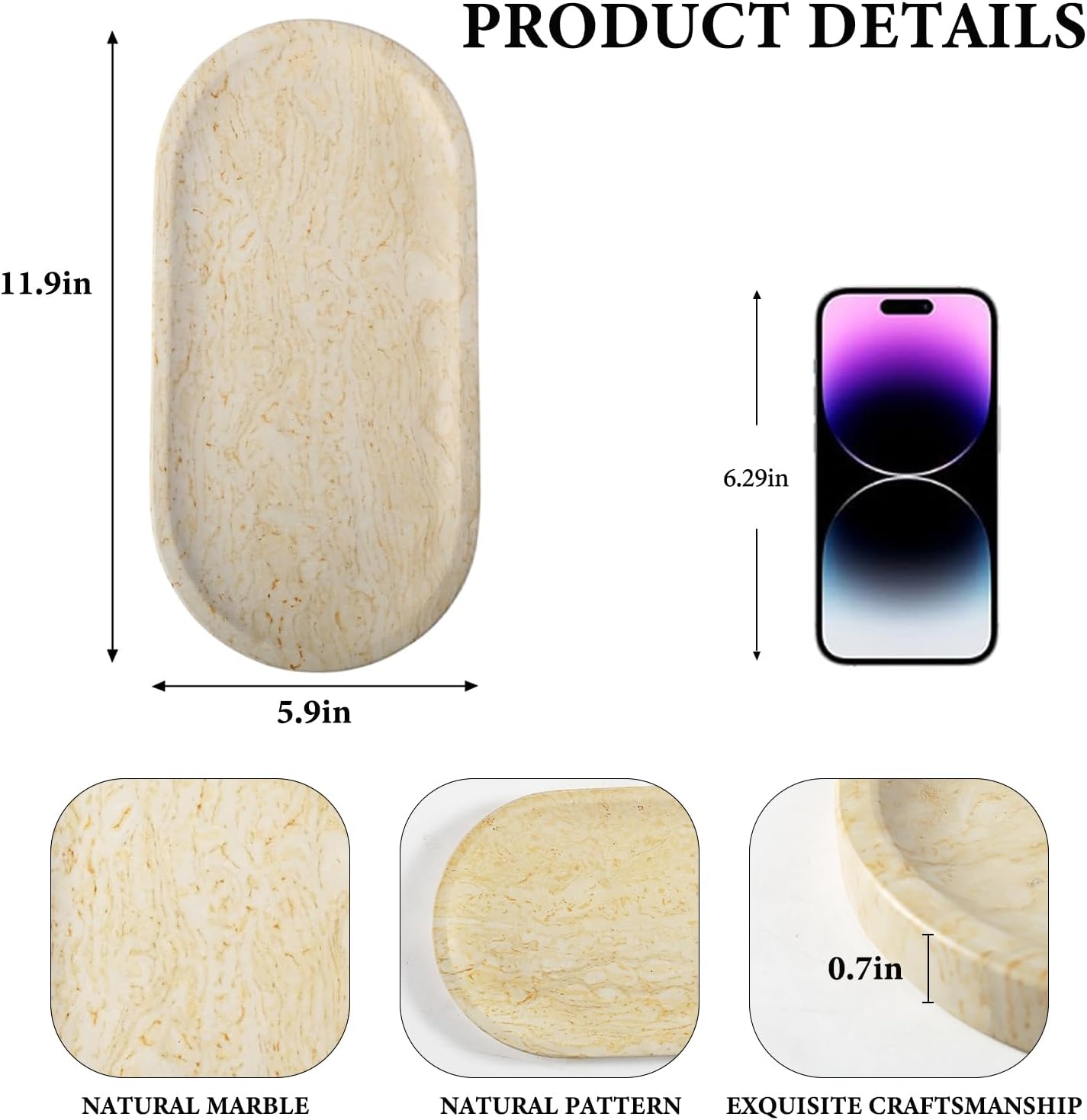 Koville Natural Marble Tray for Home Decor, 12"x6" Marble Vanity Tray for Dresser, Stone Perfume Organizer Jewelry Dish for Bathroom, Stone Catchall Storage Trays for Candles - Image 2