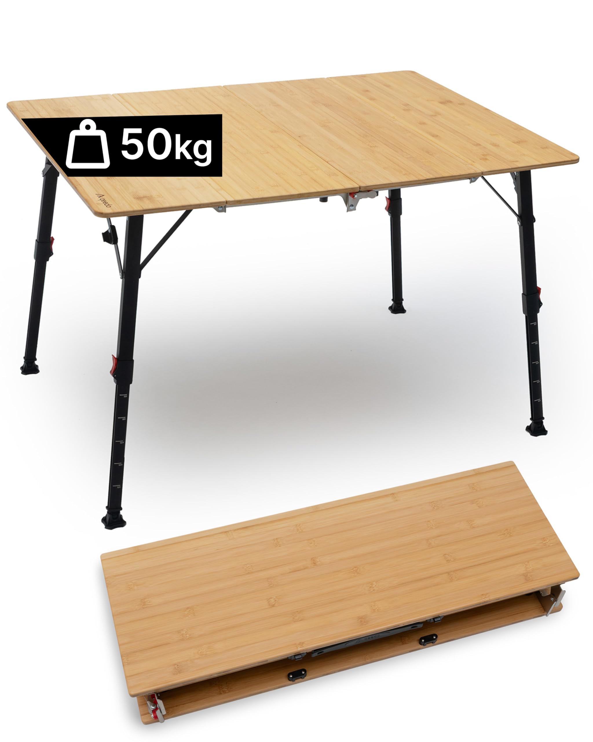 qeedo Quick Kimmy Campingtisch - klappbarer Bambus Tisch höhenverstellbar 43 bis 70 cm - Faltbarer Campingtisch mit Tragegriff & Packtasche - Stabiler Outdoor Tisch für Camping, Garten und Picknick