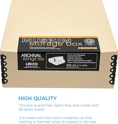 Vista 286 de Lineco, Caja de almacenamiento de archivos de museo de color tostado de 9 x 12 pulgadas, diseño frontal caído. Sin ácidos con borde de metal.