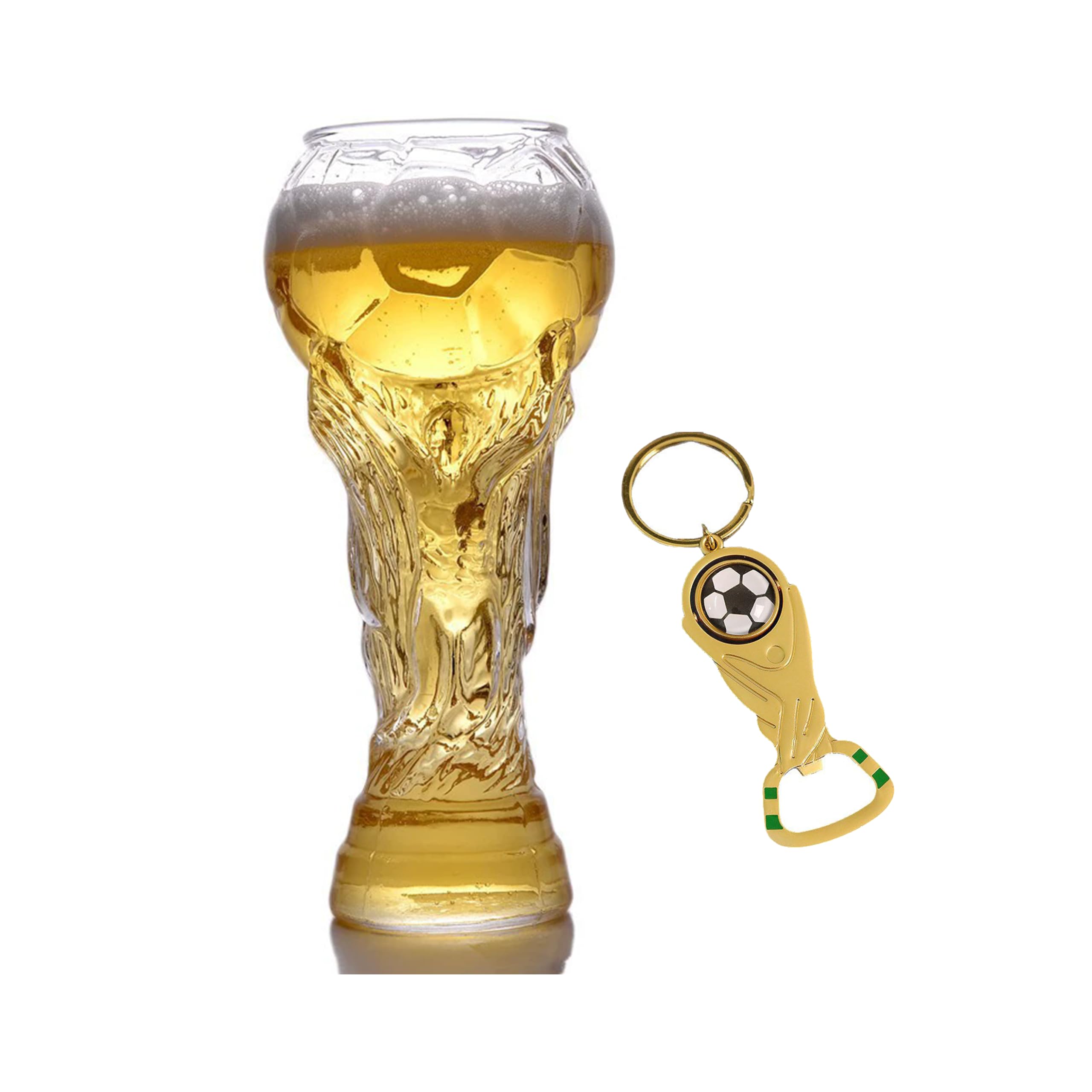 Vokowin Trophy Style 600ML Beer Glass with Football Bottle Opener for World Cup Sculpted Crystal-Style for Football Match Day Watch Party Gift for Soccer Fans (K537-2)