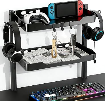 2-Tier Clamp on Desk Shelf, Dual-purpose Desk Organizer Used on or Under Desk Storage, Desk Shelf Clamp with Hooks and High Load-bearing capacity, Suitable for Office Desk, Gaming Accessories