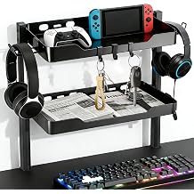 2-Tier Clamp on Desk Shelf, Dual-purpose Desk Organizer Used on or Under Desk Storage, Desk Shelf Clamp with Hooks and High Load-bearing capacity, Suitable for Office Desk, Gaming Accessories