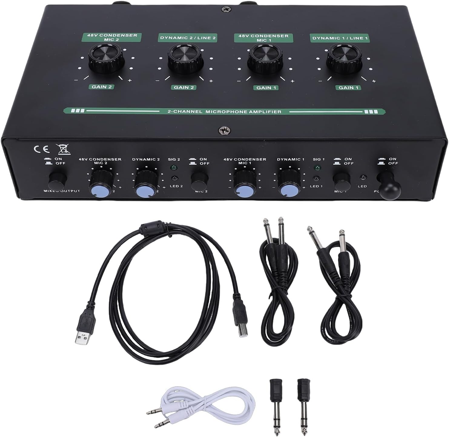 Jiawu Phantoms Power Supply, 50dB Gain 2 Channel Power Supply Microphone Mixer Amplifier with Independent Knobs Dual Reverb Output for Music Recording Live Streaming