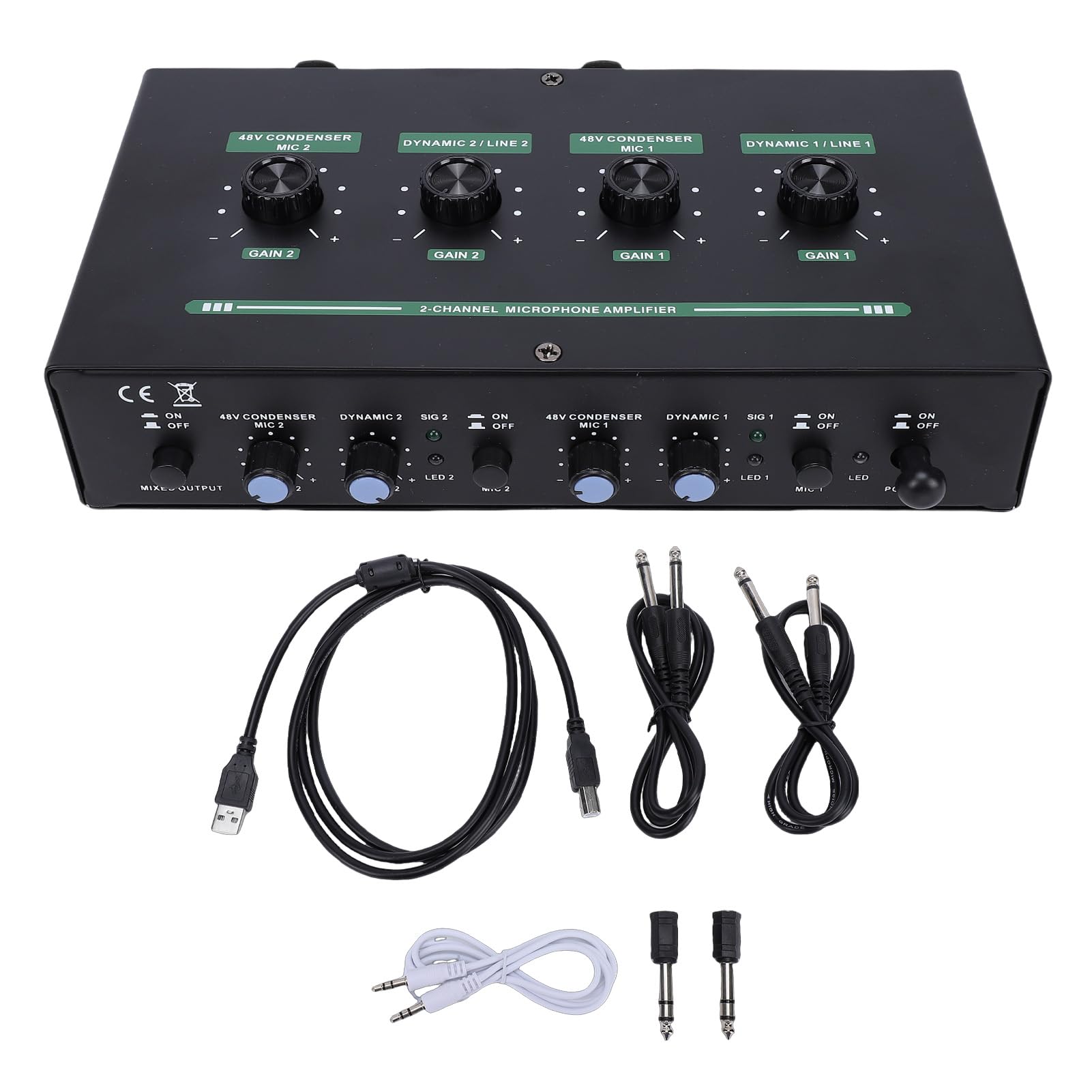 Asixxsix Alimentation Fantôme 2 Canaux 48 V, 4 Entrées Max 40 DB, Préampli de Microphone à Condensateur Dynamique avec Câble Audio 3,5 Mm 6,35 Mm pour D'enregistrement de Musique