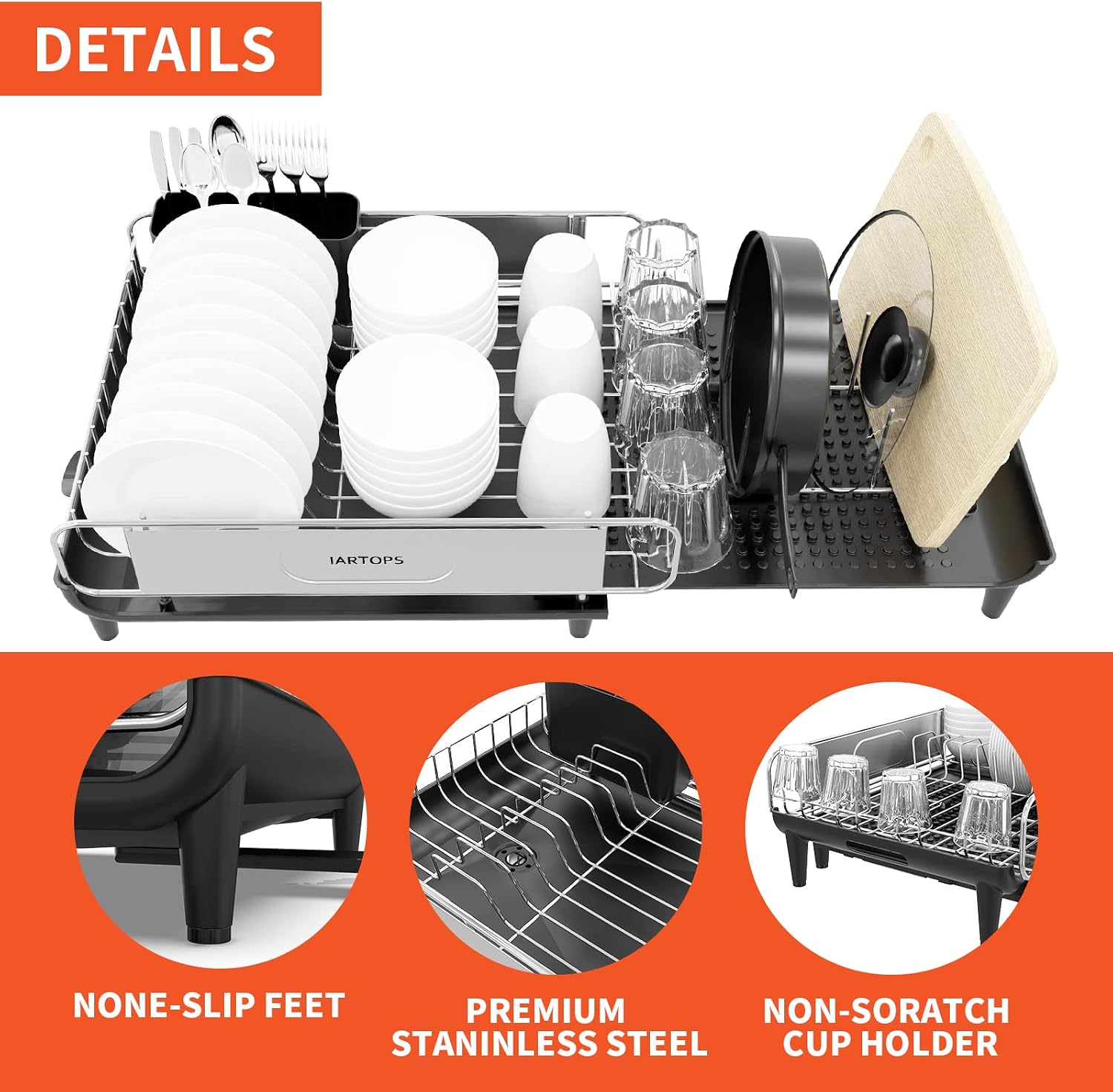 IARTOPS Dish Drying Rack, Dish Rack for Kitchen Counter, Expandable Stainless Steel Dish Strainer with Drainboard, Large Capacity Dish Drainer with Glass Holder, Utensil Holder