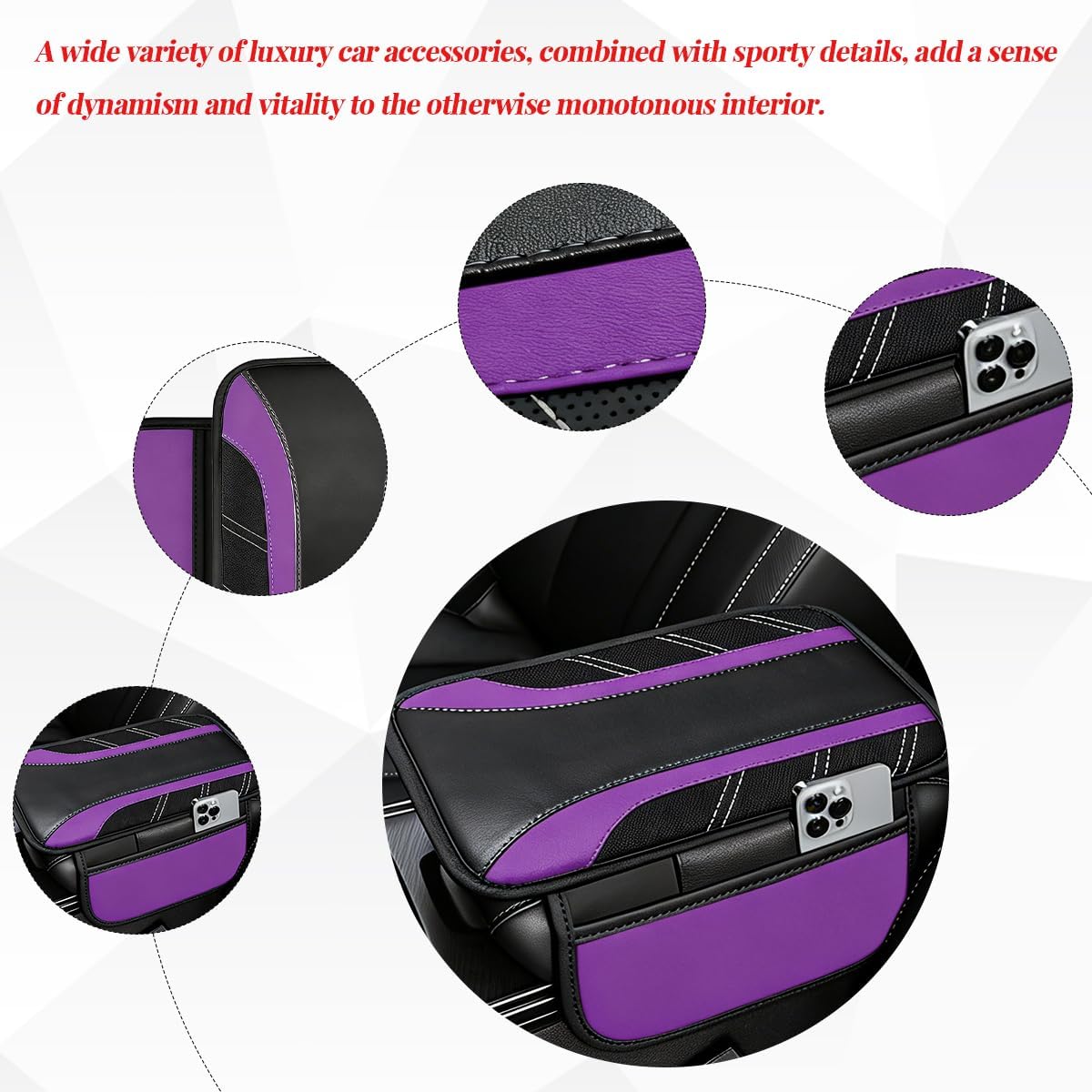 4PCS Car Accessories Set, 14.5-15 Inch Sporty Vehicle Steering Wheel Cover with Anti-Slip Lining, Automotive Interior Center Console Pad Seatbelt Cover, Universal for SUV Sedan Truck (Purple)