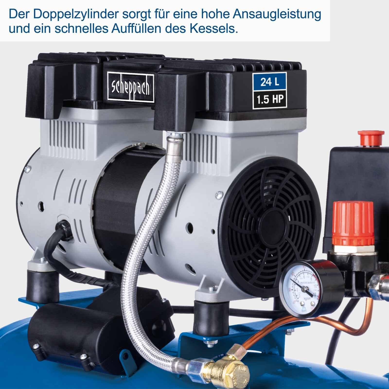 Scheppach Ultra Silent Kompressor HC26Si | 24L Kessel | 1100W Leistung | 8bar Druck | 66 dB(A) leise | Ansaugleistung 162L/min | ölfrei & wartungsarm | Leisekompressor Doppelzylinder Flüsterkompressor