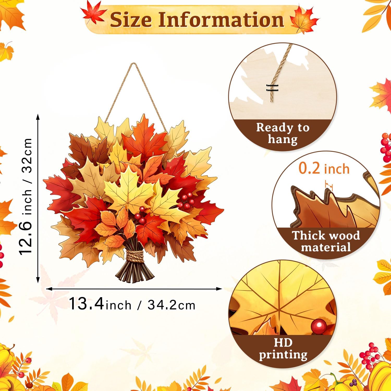 Fall Maple Leaf Bouquet Door Hanger, Wooden Hanging Sign for Autumn Harvest Thanksgiving, Indoor Outdoor Porch Front Door Wall Decor Maple Leaves
