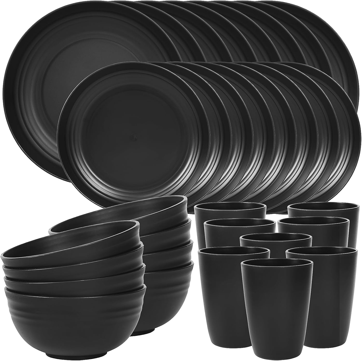 Quatish 32 Piece Plates and Bowls Sets for 8, Unbreakable Dinnerware Sets, Plastic Dish Set for Camping, Dishwasher Microwave Safe, Outdoor Kitchen and Apartment Dinning RV Essentials, Black
