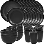 Quatish 24 Piece Plastic Plates and Bowls Sets for 6, Unbreakable Plastic Dinnerware Sets, Dish Set for Camping, Dishwasher Microwave Safe, Outdoor Kitchen and Apartment Dinning Essentials, Black
