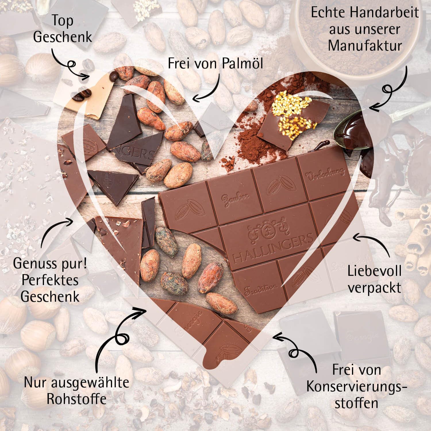 Hallingers Genuss Manufaktur Schokolade Geschenk - Tafel Edelkakao handgeschöpft ohne Alkohol edler Karton 10x "Gute Besserung ..." Pur, Geschenkidee für Frauen Männer