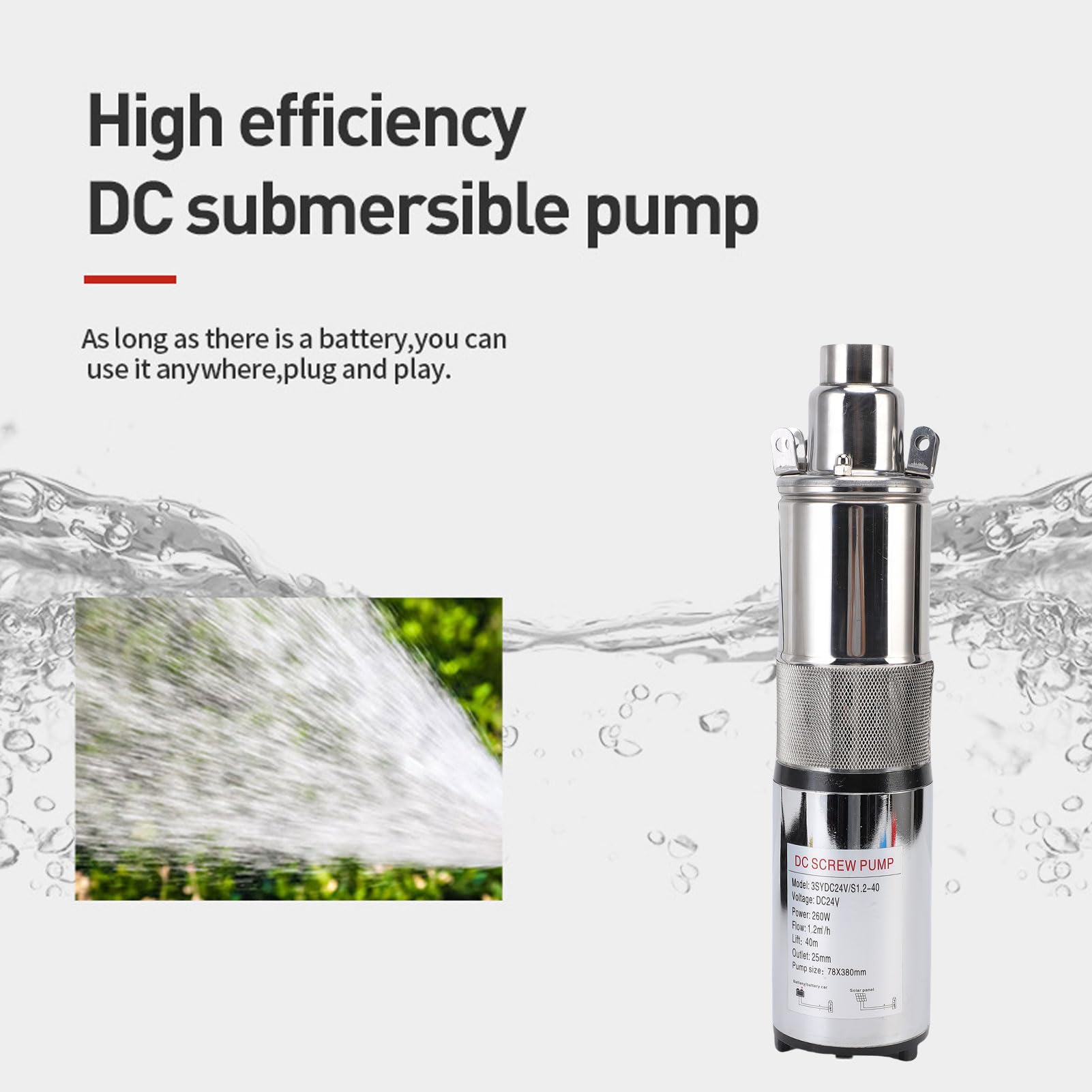 FILFEEL Bomba Sumergible Solar para Pozo Profundo, 260 W, 24 V, Bomba de Tornillo de Acero Inoxidable con Cabezal de 0,2 M³/h y 40 M para Riego, Cable de Alimentación de 10 M Incluido