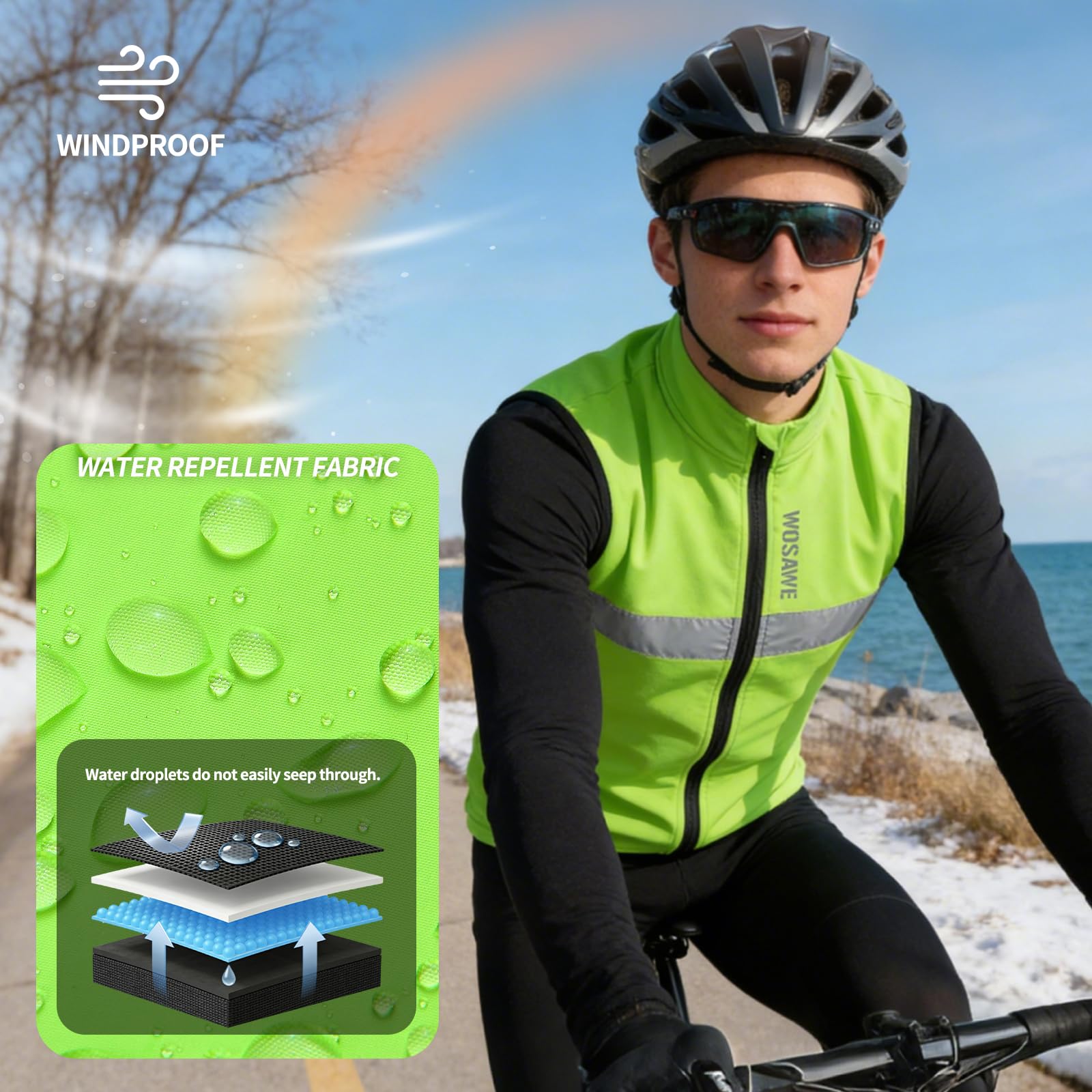 WOSAWE Chaleco de forro polar para hombre, sin mangas, para ciclismo, reflectante, cortavientos