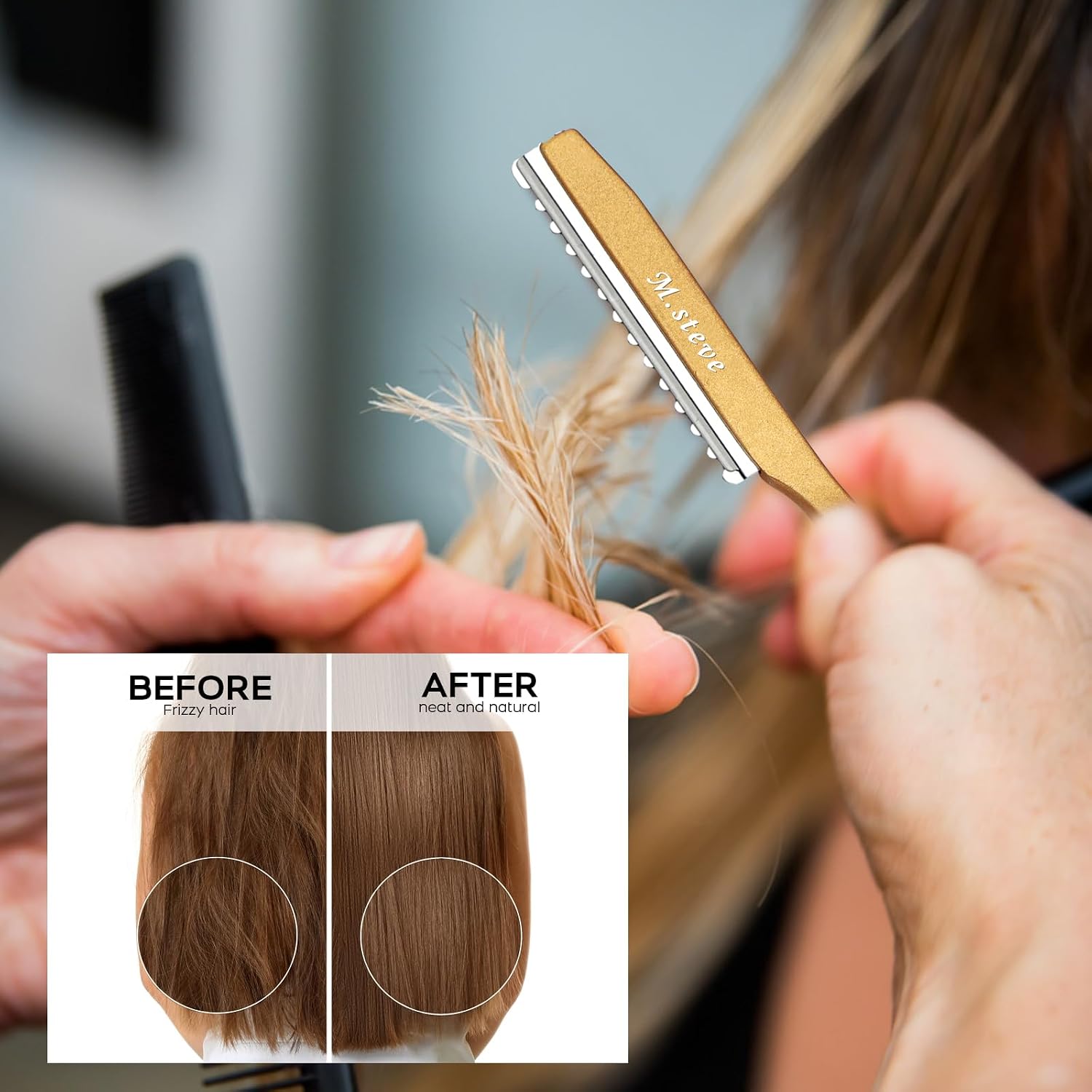 Hair Razors For Cutting Hair 6.89", Professional Styling Razor with Replacement Stainless Steel Blades for Salon/Home -11PCS Gold