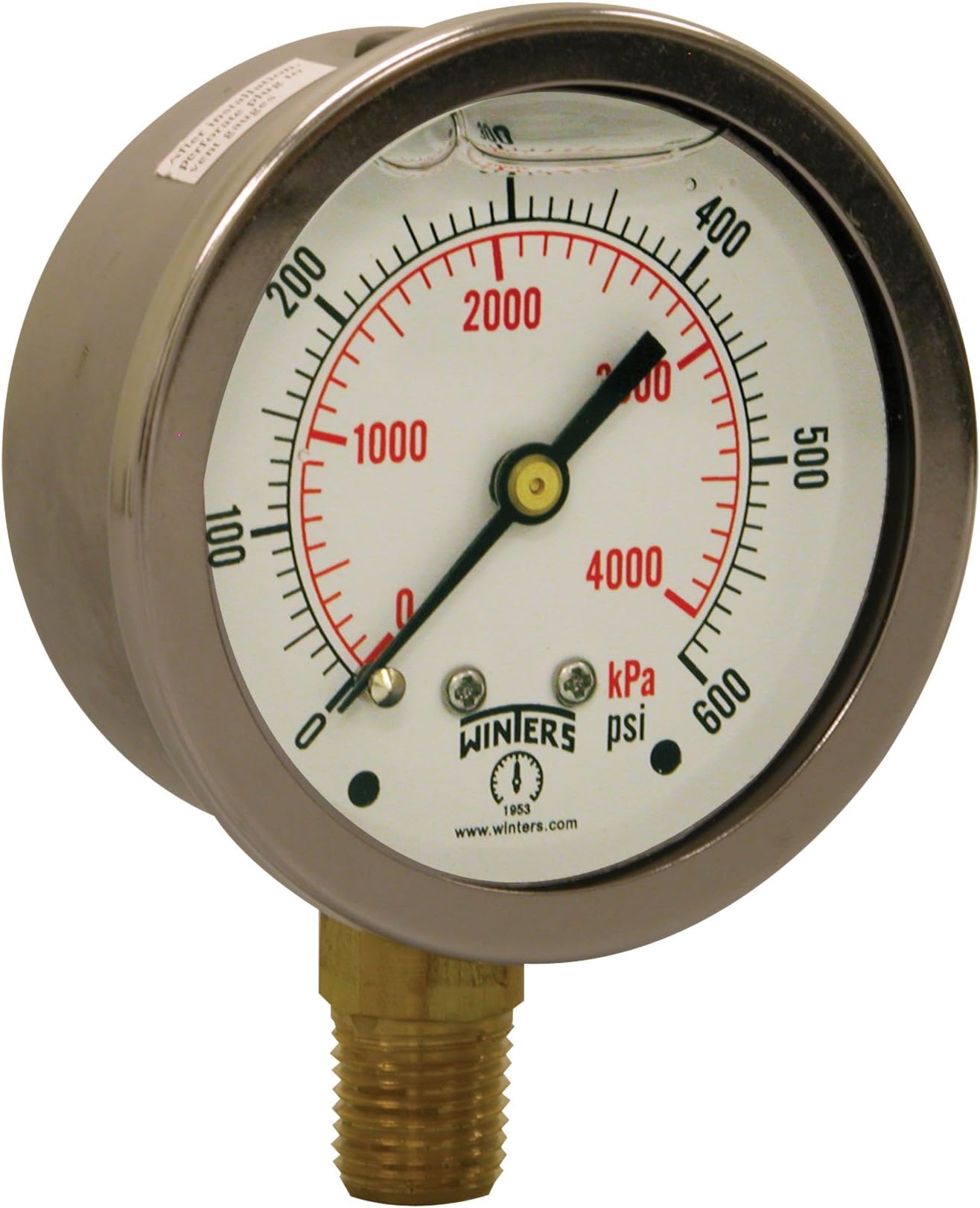 Winters 2-1/2" Dial Size, Liquid Filled Industrial Pressure Gauge, Brass Internals, 304 Stainless Steel Case, Single Scale 0-600 psi, 1.5% Acc, 1/4" NPT Bottom Mount, Glycerin Filled Pressure Gauge