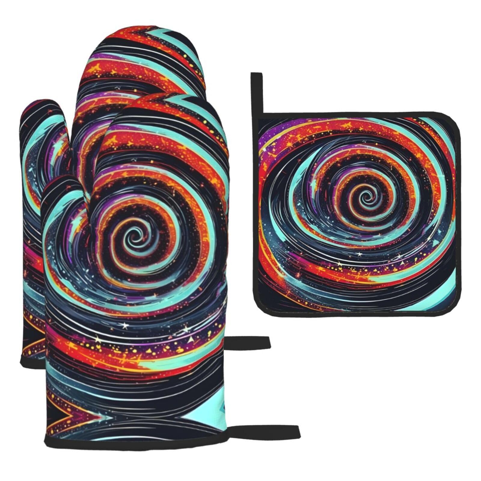 Space Spiral Cosmic Print Oven Mitts and Pot Holders,Non-Slip Pot Holders for Kitchen,Thick Potholders for Baking Grilling
