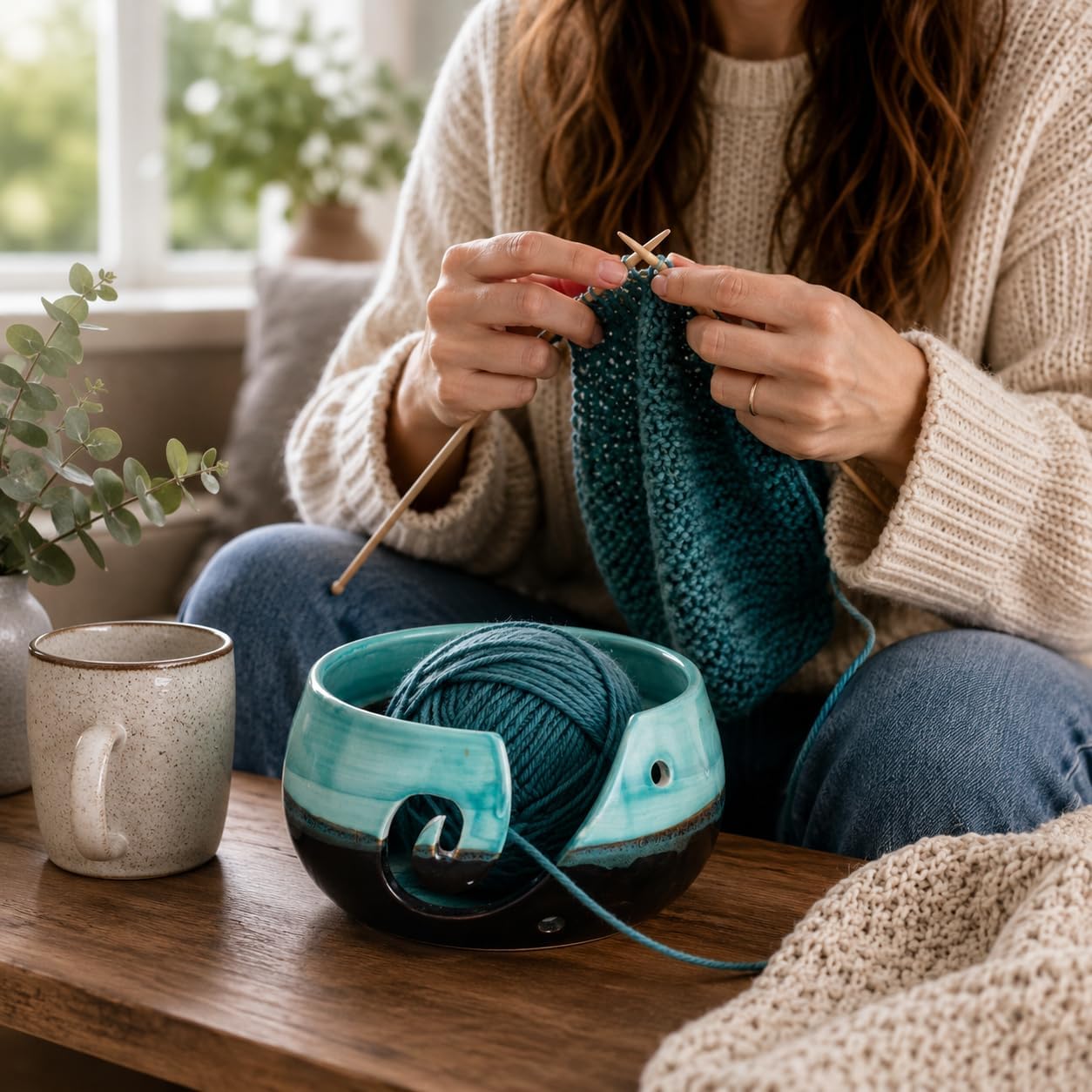 Ceramic Yarn Bowl Holder | Handmade Artistic Holder with Holes | Crafters Ideal Gift 7" x 4" image 3