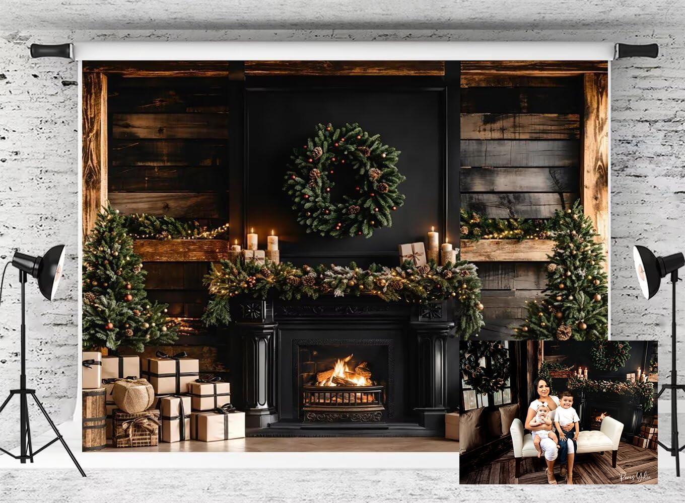 Kate Christmas Fireplace Backdrop Christmas Trees and Gifts Background Winter Black Modern Brown Wooden Striped Wall Photo Background Studio Props,7x5ft