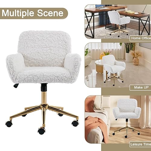 Miniatura 6 de Goujxcy Silla de escritorio moderna de piel sintética, elegante silla de oficina blanca esponjosa para mujeres y niñas, silla giratoria de altura