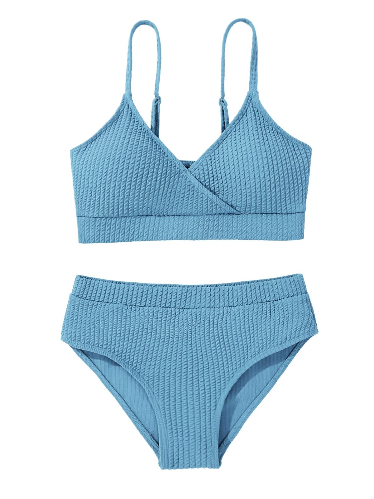 Girl's 2 Piece Swimsuit Solid Spaghetti Ribbed Bikini Sets Crop Top Brazilian High Waisted Beach Bathing Suit Swimwear for Teen Kids 8 9 10 11 12 13 14 Years