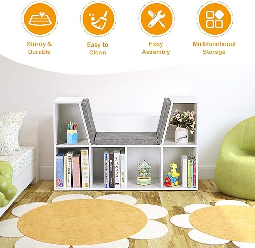 Miniatura 15 de HONEY JOY Organizador de rincón de lectura con cojín de asiento, estantería para niños con rincón de lectura, estante de almacenamiento de esquina