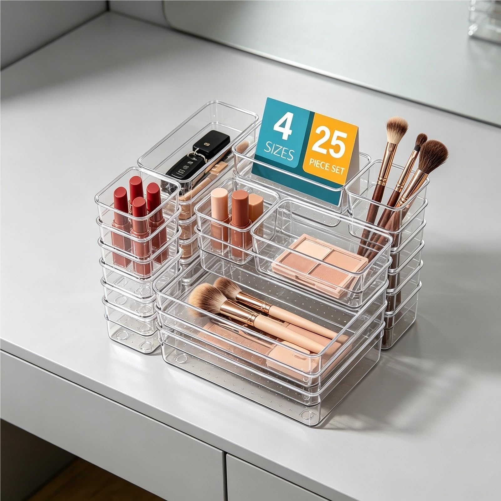 TYNGBT 25-Piece Clear Plastic Drawer Organizer Set, Desk Drawer Dividers for Makeup Kitchen Office Storage