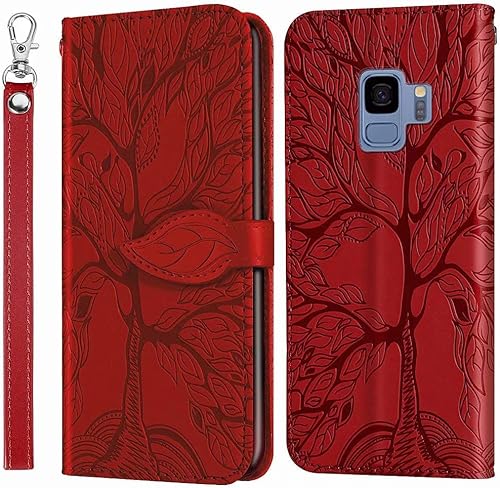 Miniatura 8 de MEUPZZK Funda tipo cartera para Samsung Galaxy S9, piel sintética de alta calidad con diseño de árbol en relieve, función atril, ranuras para