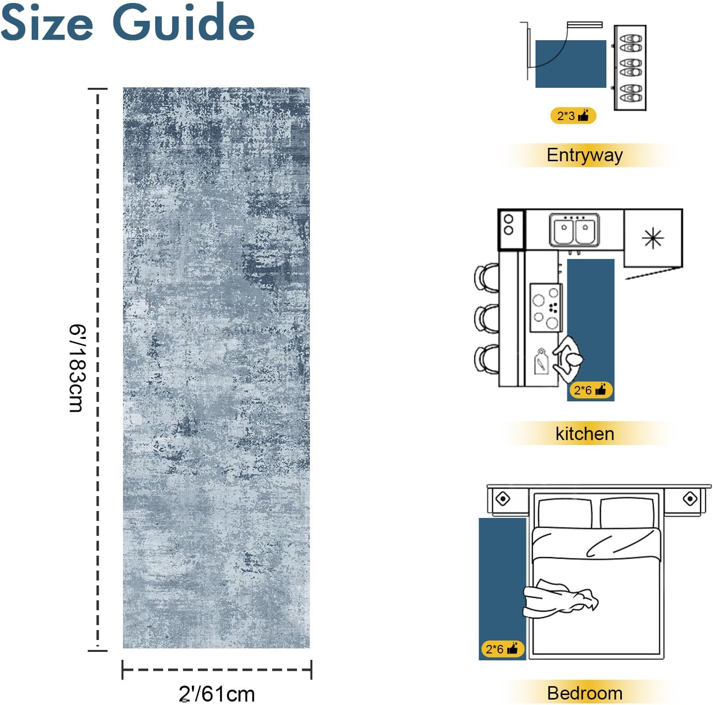 2x6 Ft Washable Runner Rug, Non-Slip Low Pile Hallway Kitchen Area Rug, Soft Long Entryway Floor Mat Abstract Pattern Carpet for Bedside & High-Traffic Areas (Blue)